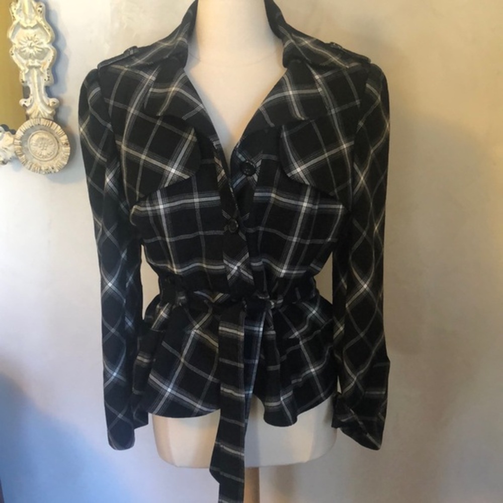 Nine West Black & White Plaid tartan Blazer w/Belt & button closure Size 14